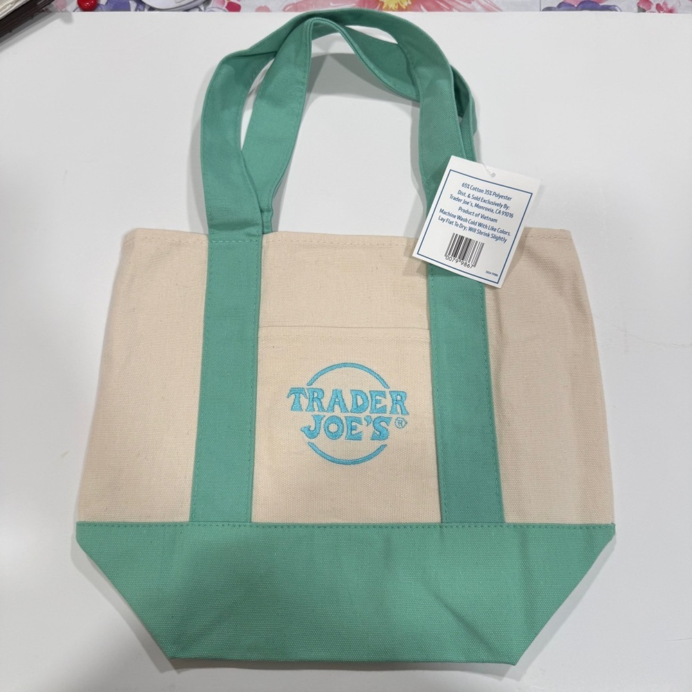 Trader Joe’s Mini Pastel Canvas Tote-2026- Spring- Green with Blue embroidery